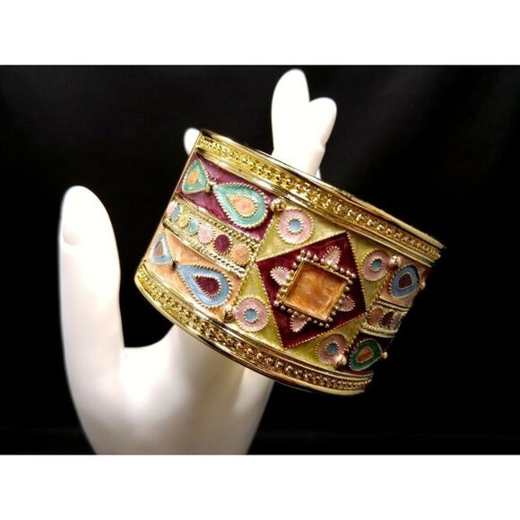 Wide Bangle Bracelet, Hinged Closure, Peach Pink Turquoise Enamel, 7 3/4 Inches - Picture 4 of 12